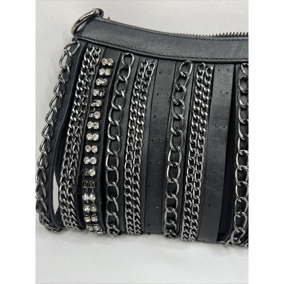 Cache Black Purse Clutch D For Shoulder Strap Zipper rhinestone chain embellish - Picture 2 of 12
